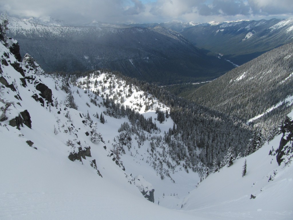 Looking down the northeast chute of Tamanos with the White River in the distance