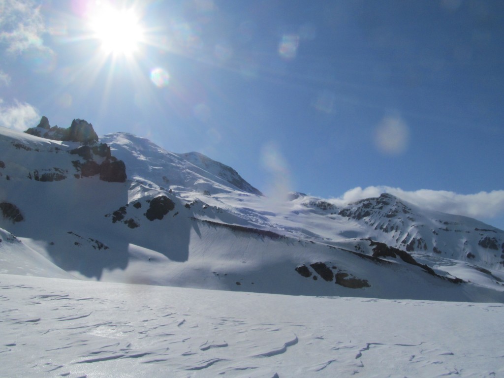 Looking out past the Emmons Glacier with my destination being Steamboat Prow the peak to the right