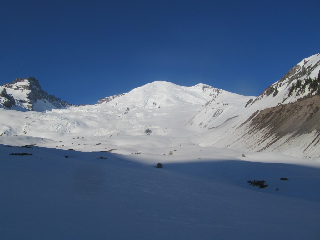 Rainier and the Emmons glacier basking in the morning light during the Paradise to Carbon River ski traverse