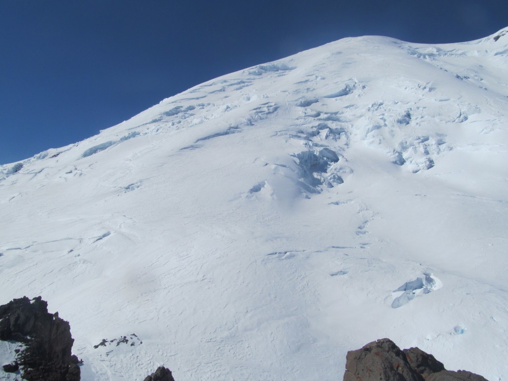 Looking up the Emmons and Winthrop corridors from Steamboat Prow