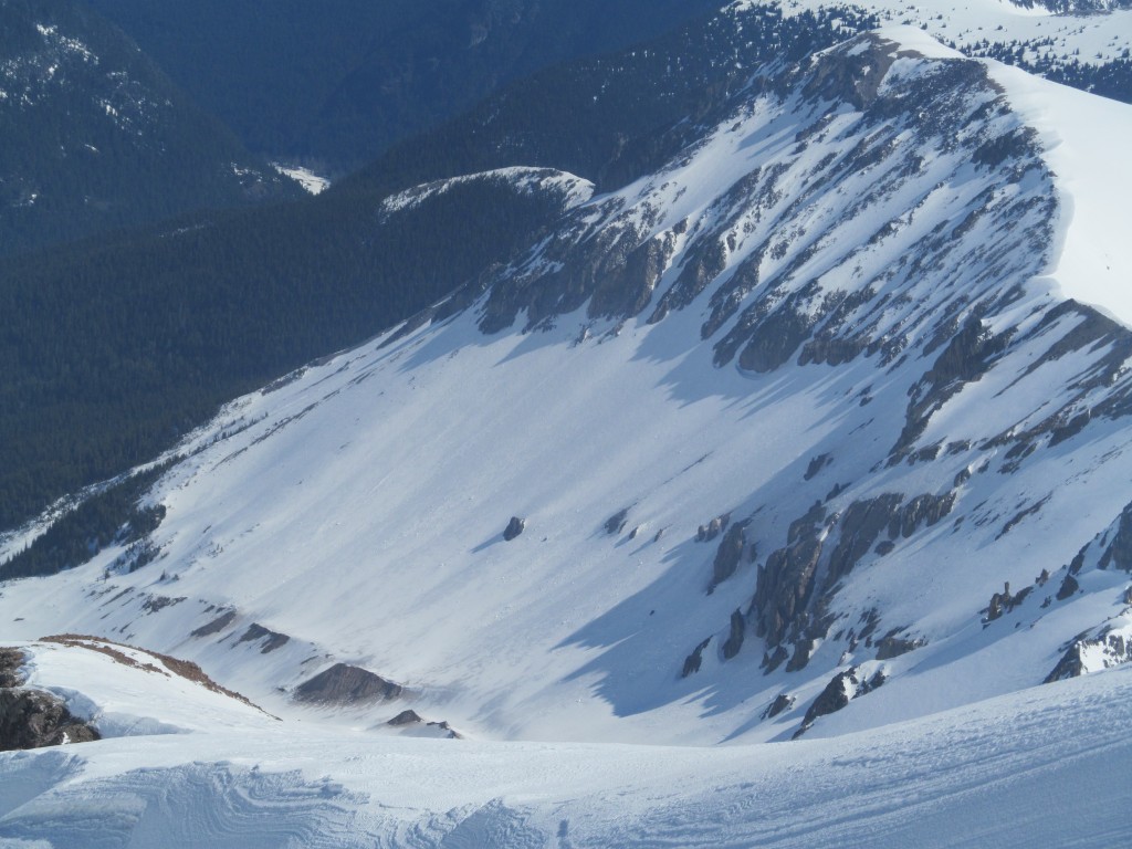 Looking down at the line I had come to ride. The 3rd Burroughs west face to the Emmons