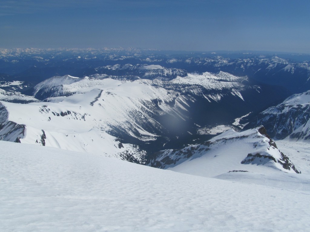 Looking down from the Interglacier and out into the Sourdough Range. Last summer I did a splitboard traverse from the left hand side to the far left hand peak off in the distance.