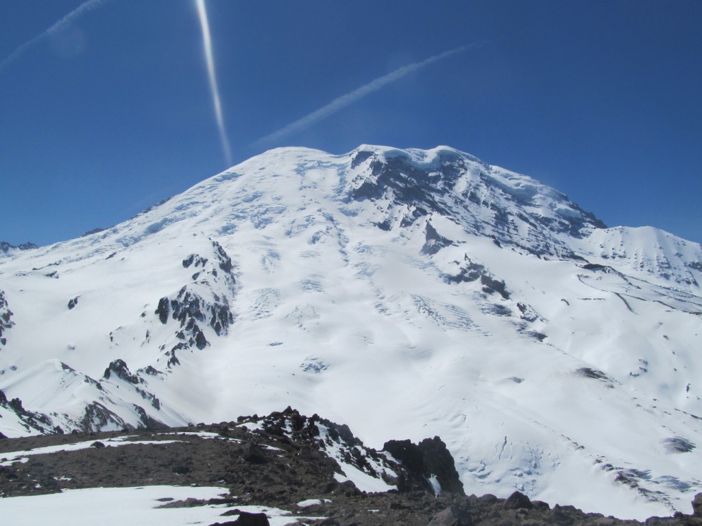 Looking at the Winthrop Glacier from the summit of the 3rd Burrough during the Paradise to Carbon River ski traverse