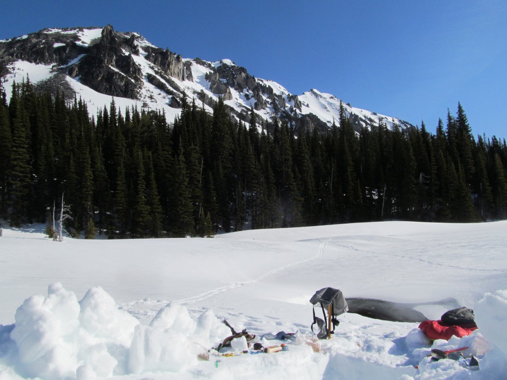 I called this spot home at Mystic Lake for a night. All it takes is a shovel and some water and I am good to go. Bonus points if there is a view. During the Paradise to Carbon River ski traverse