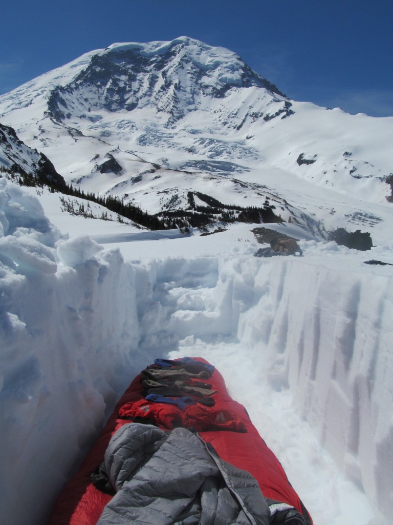 Looking at Mount Rainier from my camping spot during the Paradise to Carbon River ski traverse