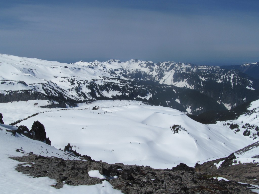 Looking down into Moraine Park and Seattle Park and Mother Mountain in the far distance.