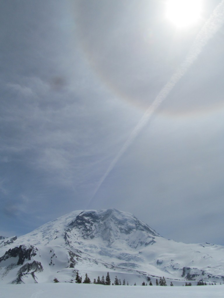 Rainier below a sundog