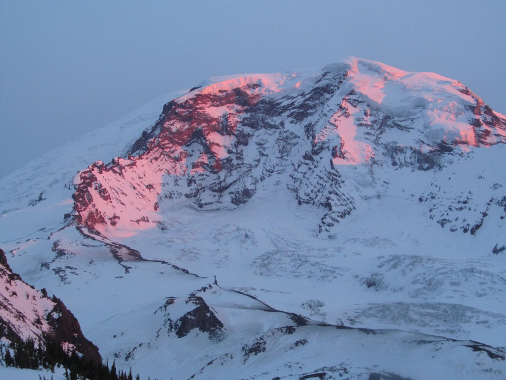 Beautiful sunset over Mount Rainier during the Paradise to Carbon River ski traverse