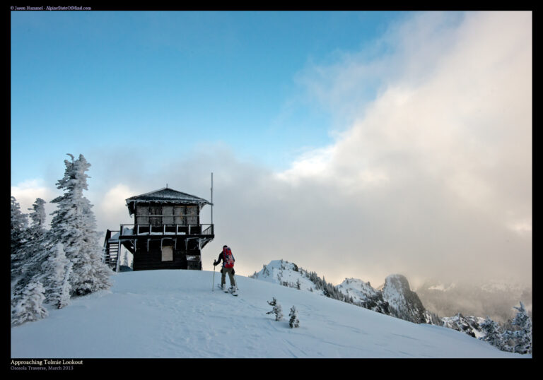 Tolmie Peak lookout above lake Eunice Lake in Mount Rainier National Park