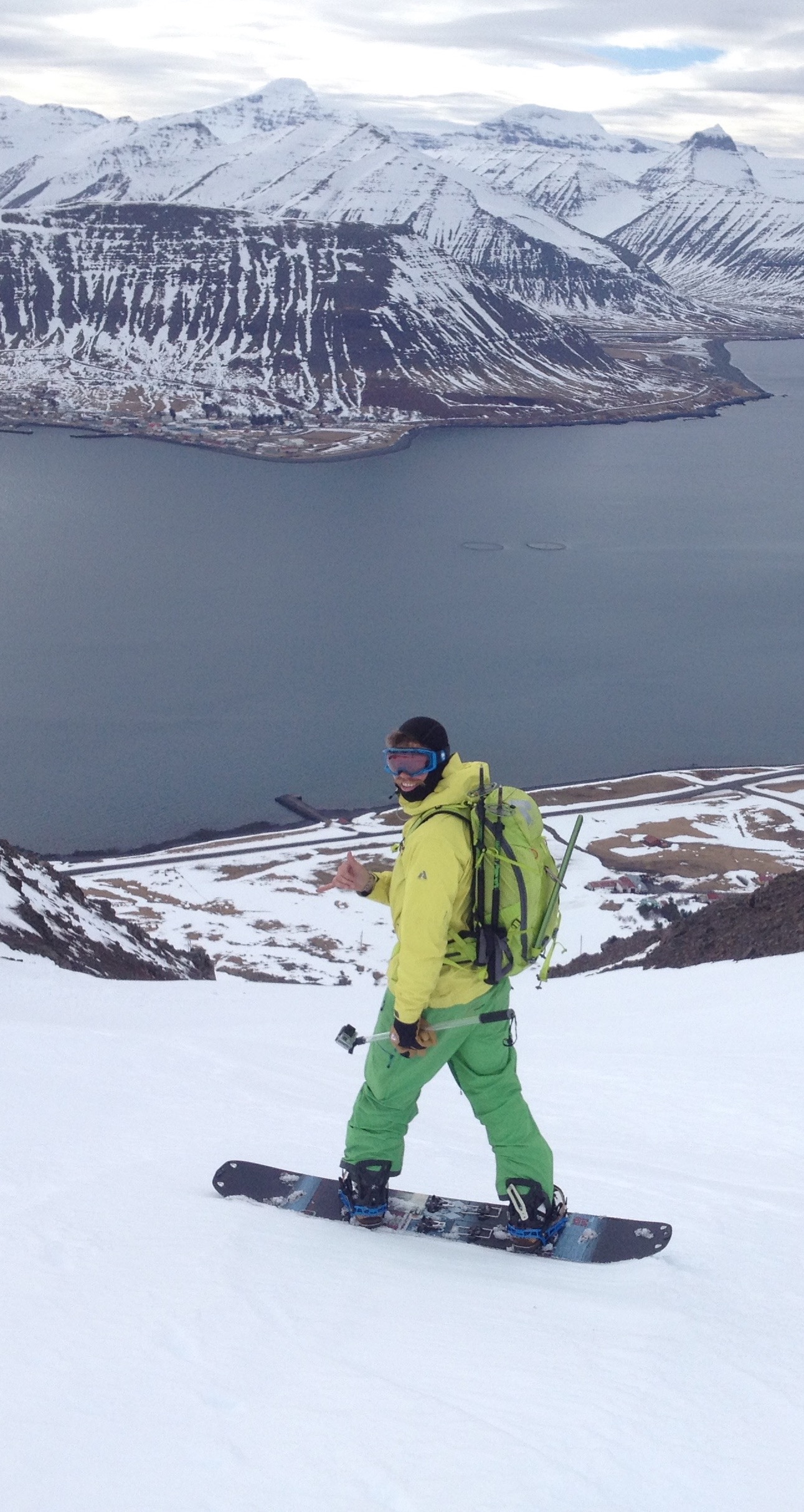 Getting ready to snowboard with Dýrafjörður in the distance