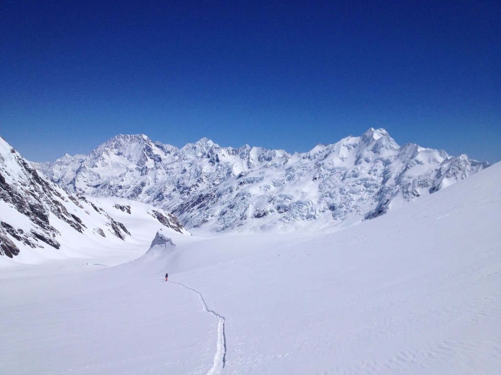 Skinning on the Tasman Glacier in New Zealand