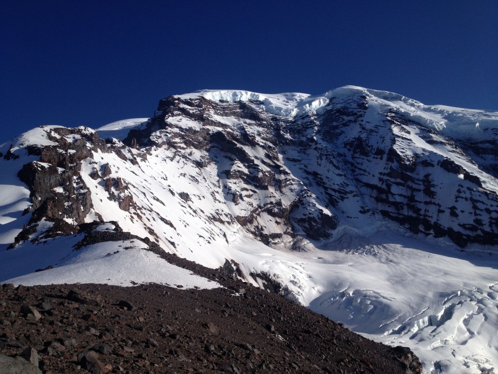 Curtis Ridge and Mount Rainier view while ski touring along the Wonderland Trail