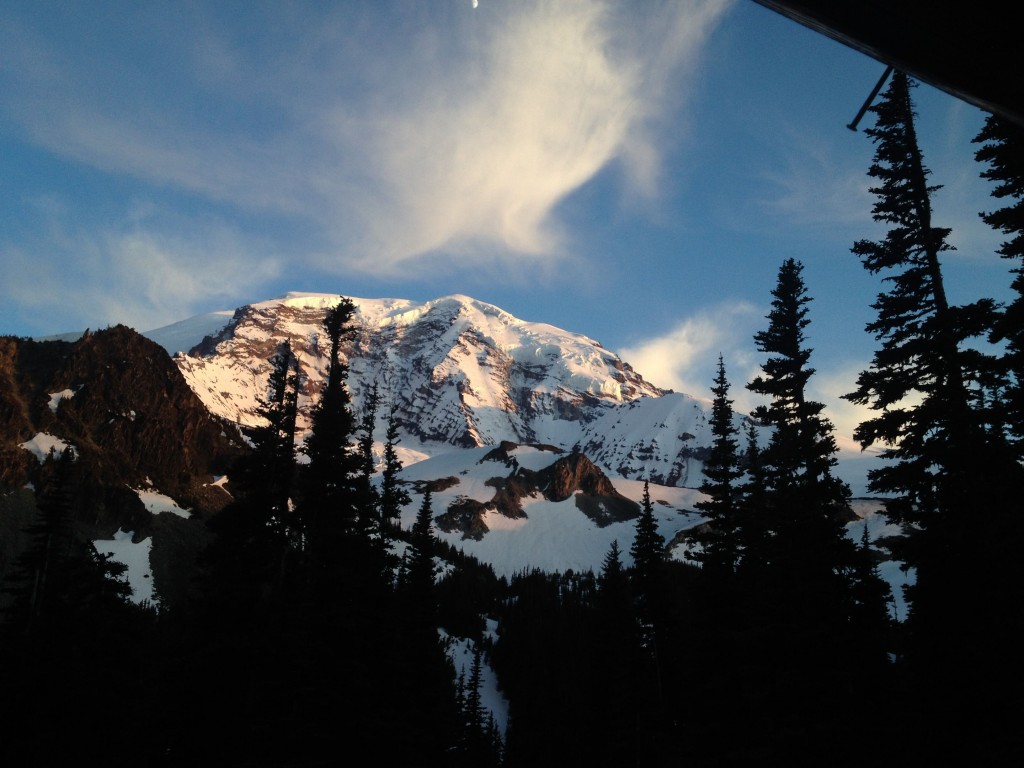 The Willis Wall and a beautiful sunset on Mount Rainier while ski touring along the Wonderland Trail