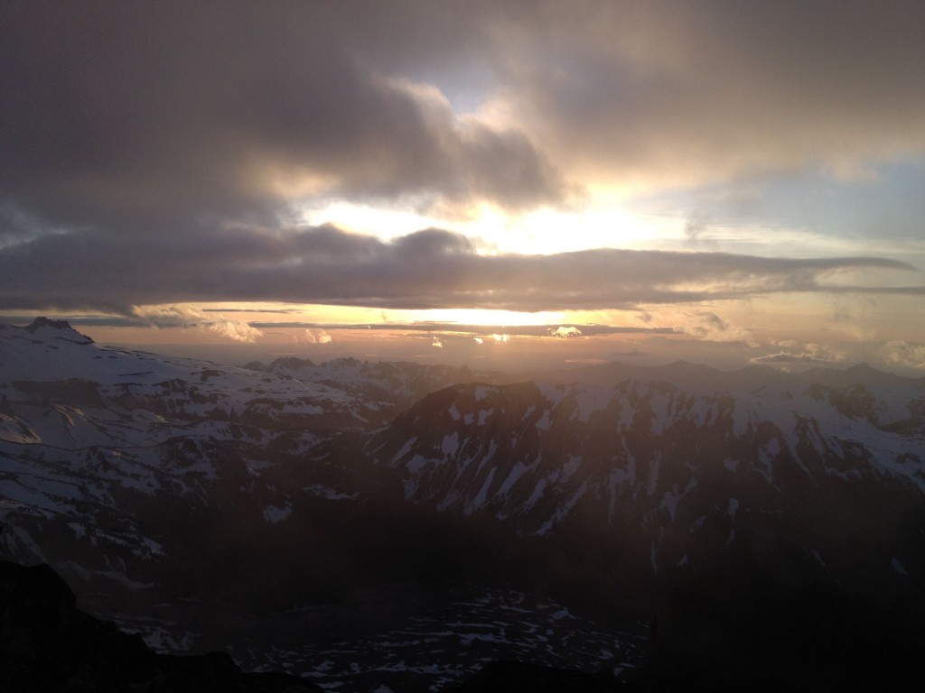 A beautiful sunset on the 3rd Burroughs while ski touring along the Wonderland Trail