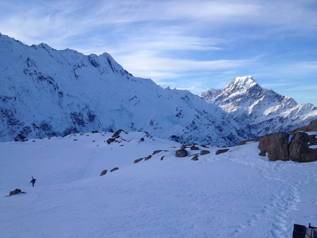 Pow making his way to the high ridge with Mt. Cook Basking in alpenglow