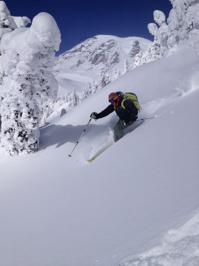 Enjoying the powder and the views of Mount Rainier