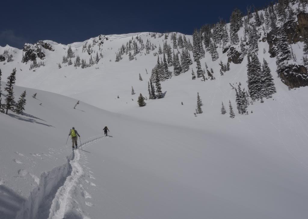 Breaking trail up to the next peak on our traverse