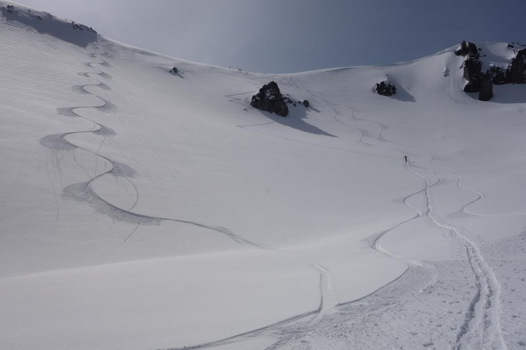 Snowboarding down the 2nd Burrough on the Sunrise and Sourdough Traverse