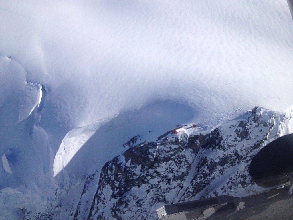 Looking down at the Tasman Saddle Hut