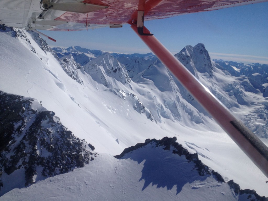 Flying over the Tasman Saddle with Ebens ski tracks heading down