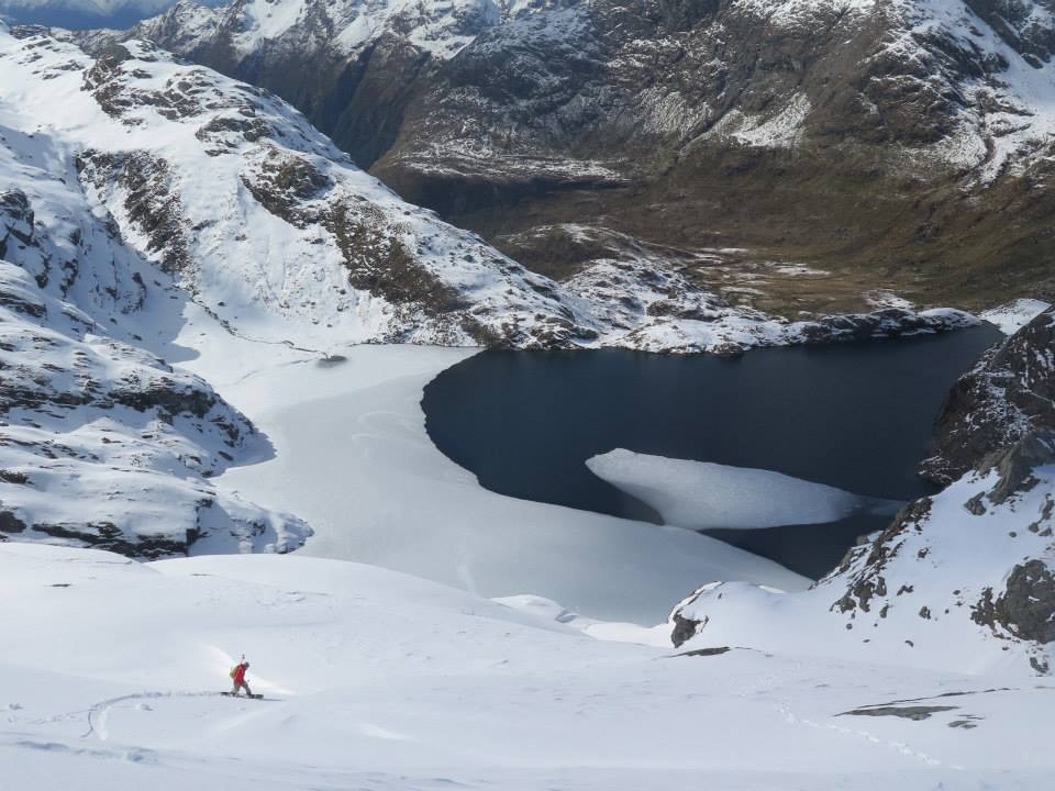 Snowboarding down to the Routeburn Track in New Zealand