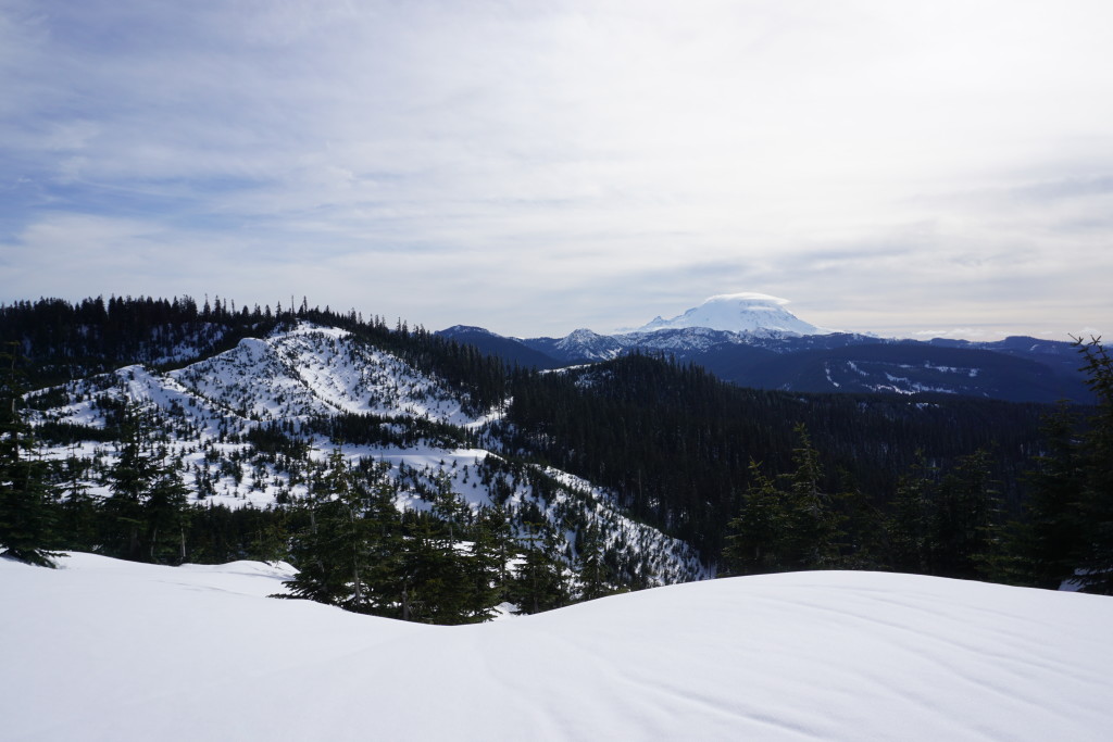 Looking back at Mount Rainier during the Crystal Mountain to Stampede Pass Ski Traverse