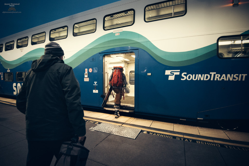 Bringing the snowboard on the Sounder Train before the Crystal Mountain to Stampede Pass Ski Traverse