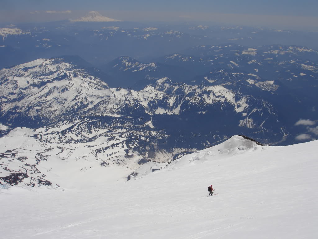 Skiing off the summit of Mount Rainier onto the Wilson Glacier towards the Fuhrer Thumb