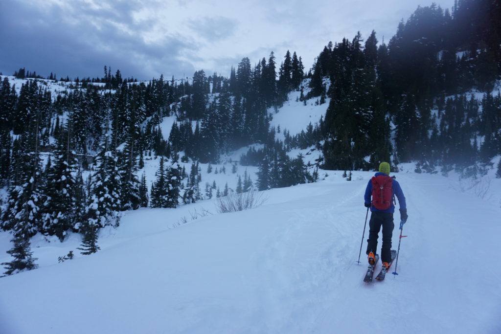 Skinning back up to the Paradise Visitor Center after riding the Paradise Glacier