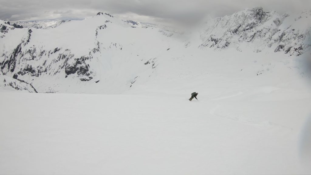 Flat light and cloudy weather while riding into the Nooksack Cirque