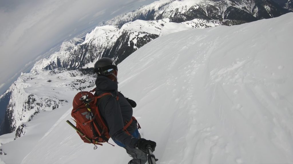 Snowboarding down the north face of Ruth Mountain in the North Cascades