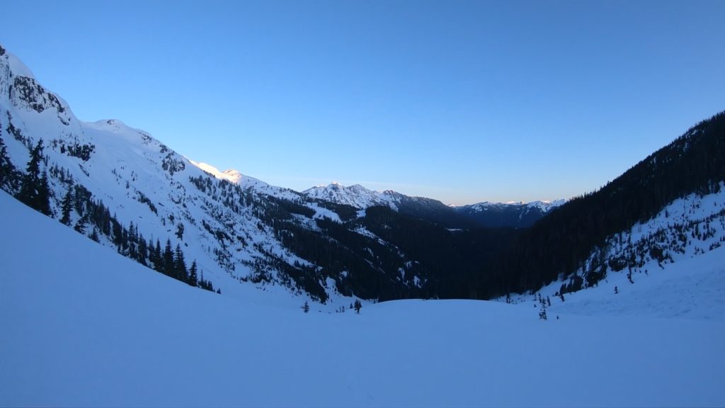 Looking back down the White Salmon Valley as the light hits the peaks of the North Cascades