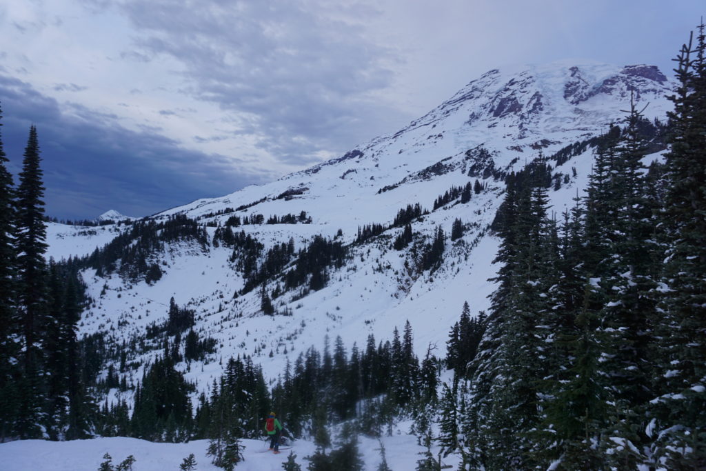 skiing down Edith Basin after riding the Paradise Glacier