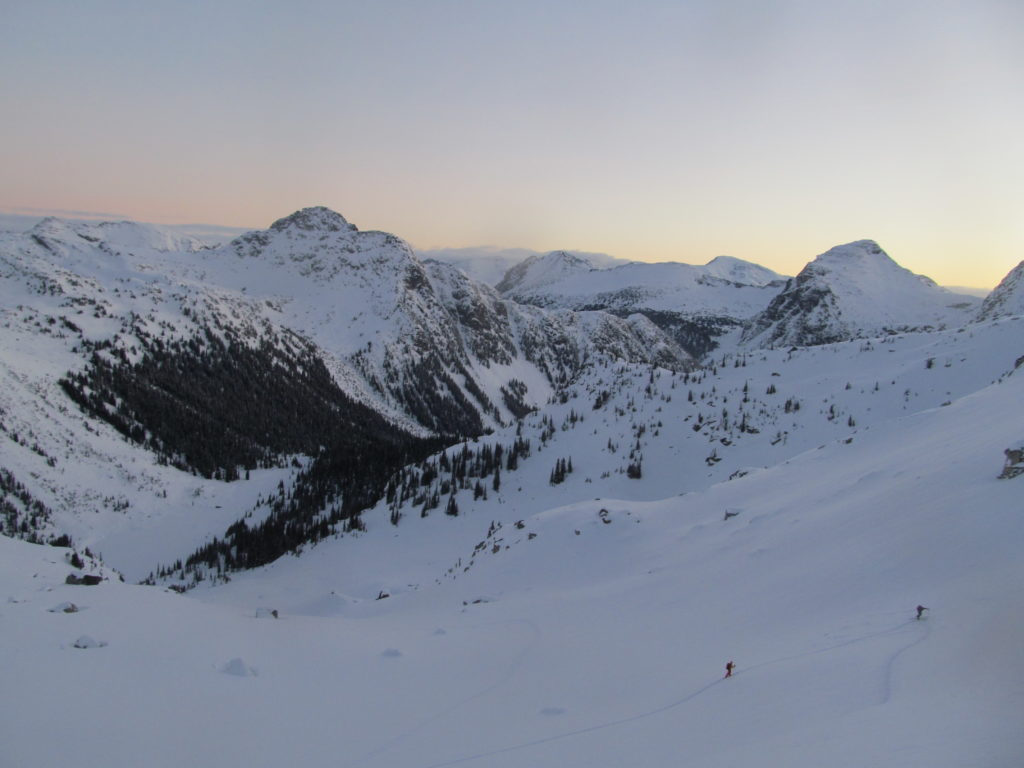 Early morning ski touring out of the the Brian Waddington Hut