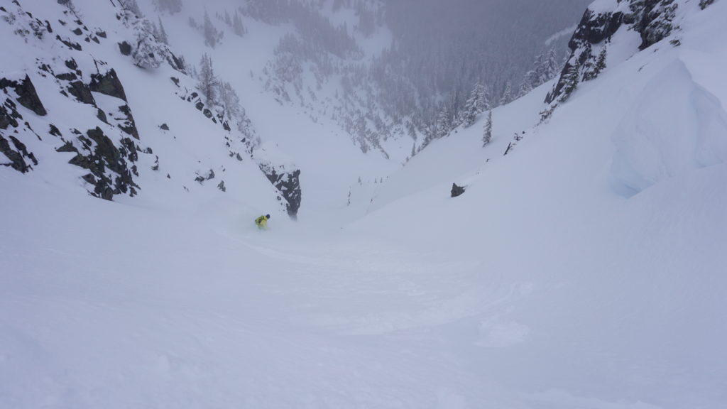 Great Splitboard turns down the North East face of Tamanos Mountain in Mount Rainier National Park