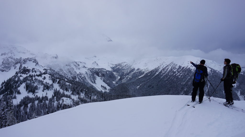 Looking at Frying pan creek from the summit of Tamanos Mountain in winter in Mount Rainier National Park