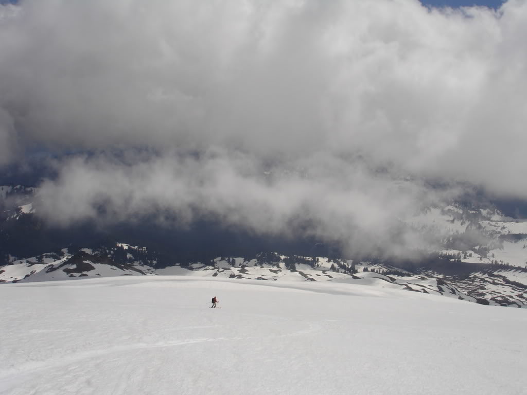 Enjoying late season ski turns as we make our way back to the Scott Paul Trail