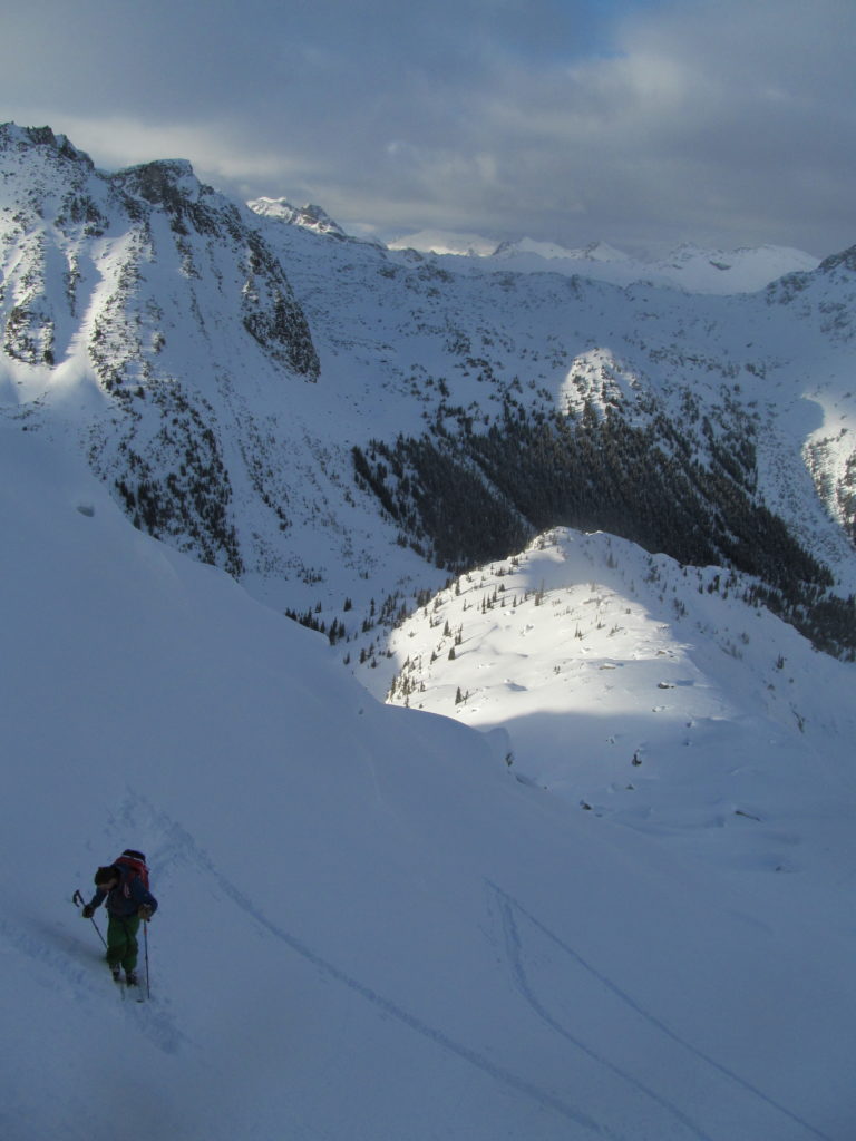 skinning up late in the day from the Brian Waddington Hut