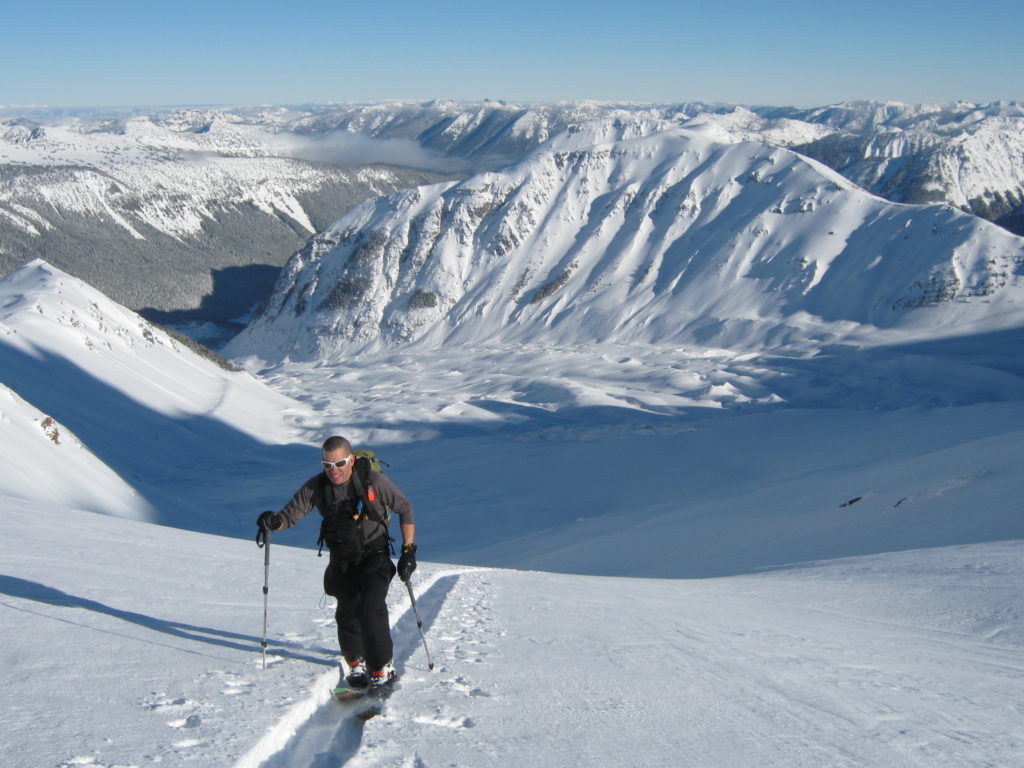 John Cocci getting back into the sun while skinning up the Emmons glacier on our way to the Interglacier