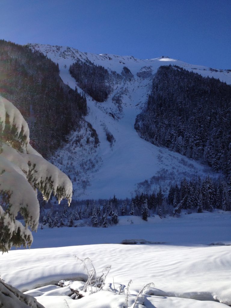 The North face of Goat Island Mountain from White River Campground in winter in Mount Rainier National Park