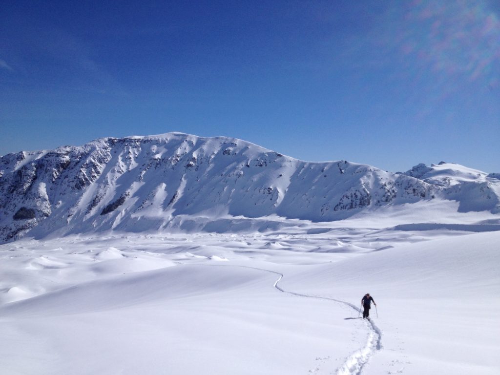 Skinning up the Emmons Glacier with Goat Island Mountain in the distance