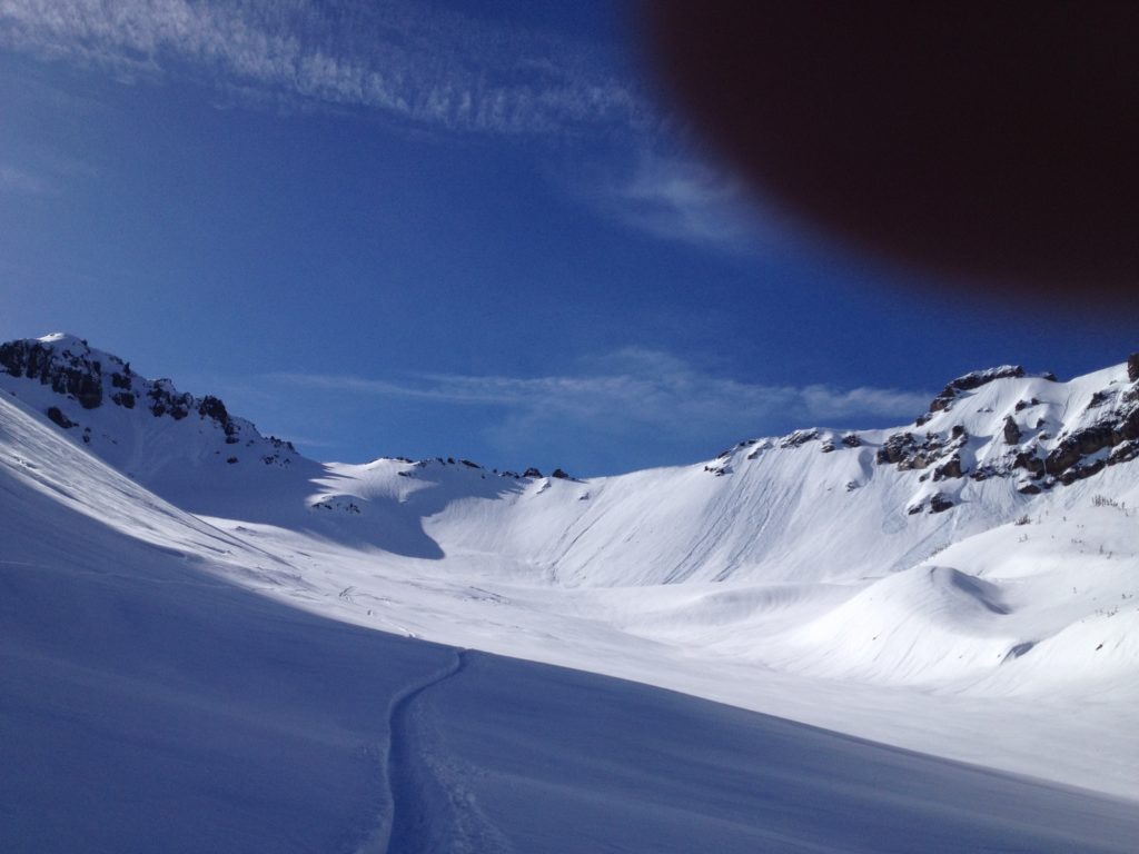 One snowboard track in Glacier basin after riding the Interglacier