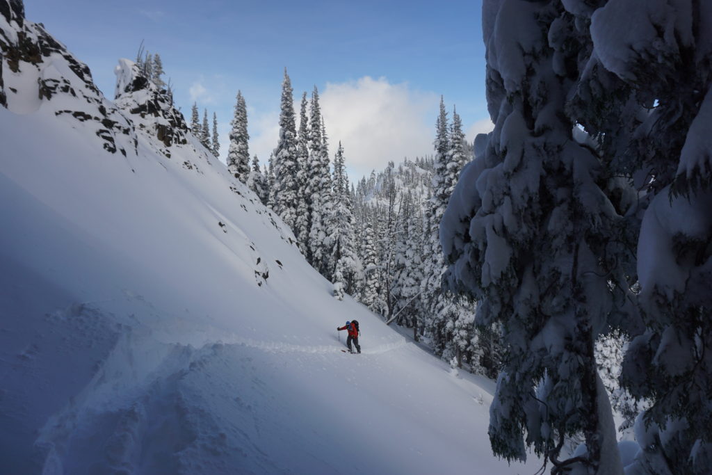 Heading over to for our next lap on Dog Leg Peak in the Crystal Mountain Backcountry