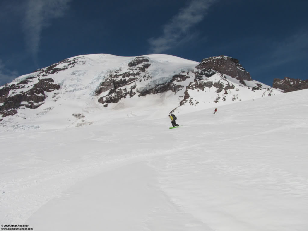 Riding back down the Muir Snowfield with the Gib Chute in the distance