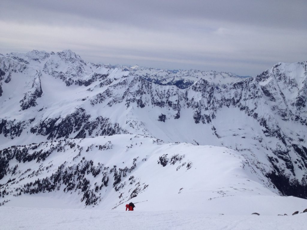 Looking back towards Cascade Pass while ski touring