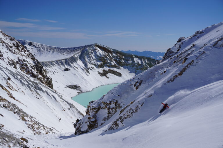 Snowboarding down Shirane Volcano in Japan