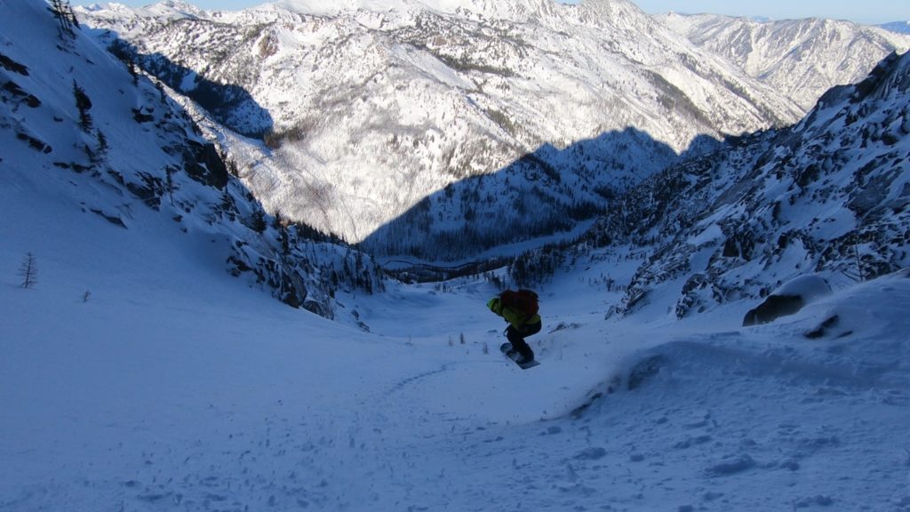 Snowboarding down to Eightmile Lake