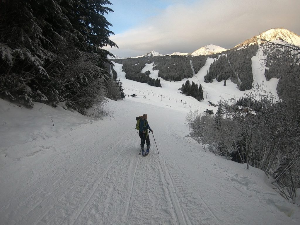 Heading towards Crown Point from Crystal Mountain ski resort at sunrise