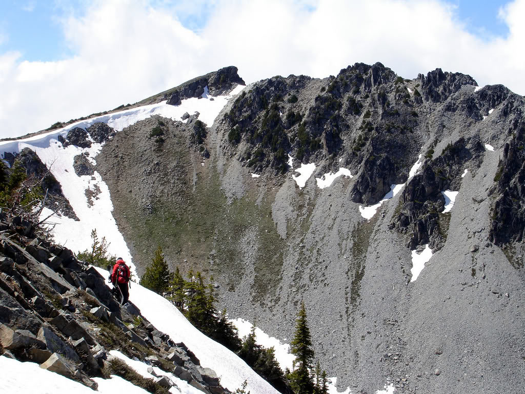 Hiking to a ribbon of snow with the summit of Mount Fremont in the distance