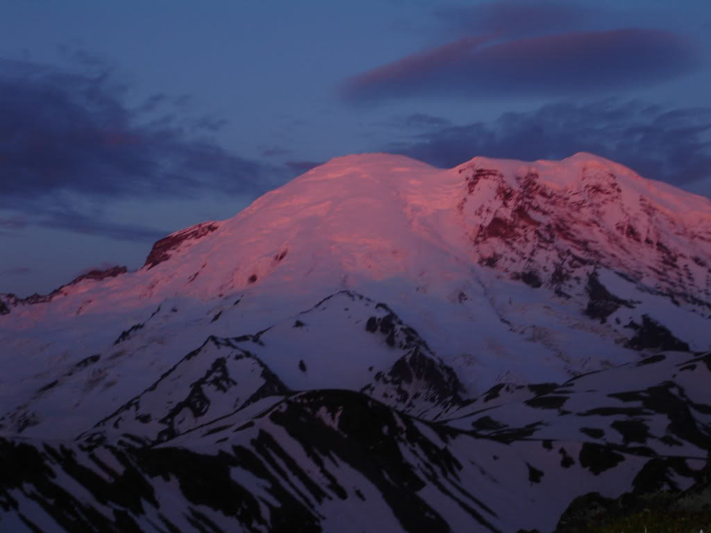 Sunrise alpenglow on Mount Rainier from Mount Fremont in Mount Rainier National Park